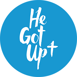 A blue circle with the words " he got up ".