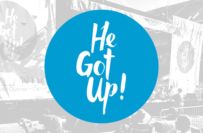 A blue circle with the words " he got up !" written in it.